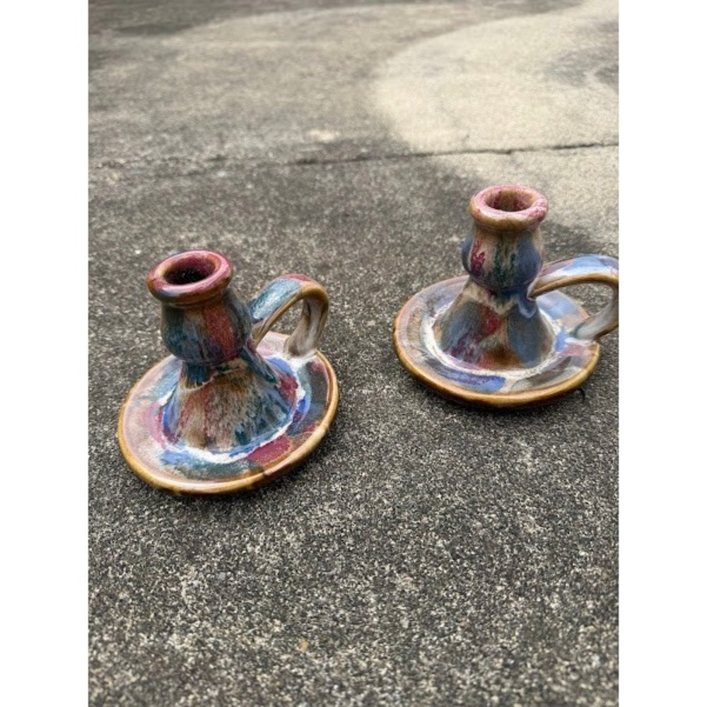 Hermitage Pottery Marble Finger Candle Holder Set Multi Color Drip Glaze Ceramic